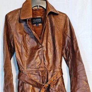 VINTAGE LEATHER FITTED MID TRENCH COAT - BUCKLE BELT - SOFT HONEY BROWN ~WILSONS